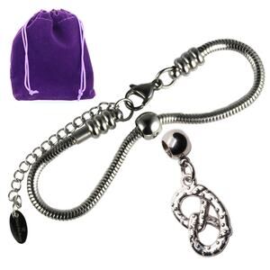 Silver Tone Snake Chain Bracelet Pretzel Pendant, Playful Food Charms